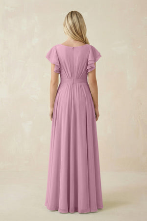 Cap Sleeve Ruffled A - Line Chiffon Bridesmaid Dress in Vintage Mauve - SHE IS ME Bridesmaid Dresses