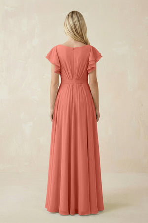 Cap Sleeve Ruffled A - Line Chiffon Bridesmaid Dress in Wild Rose - SHE IS ME Bridesmaid Dresses