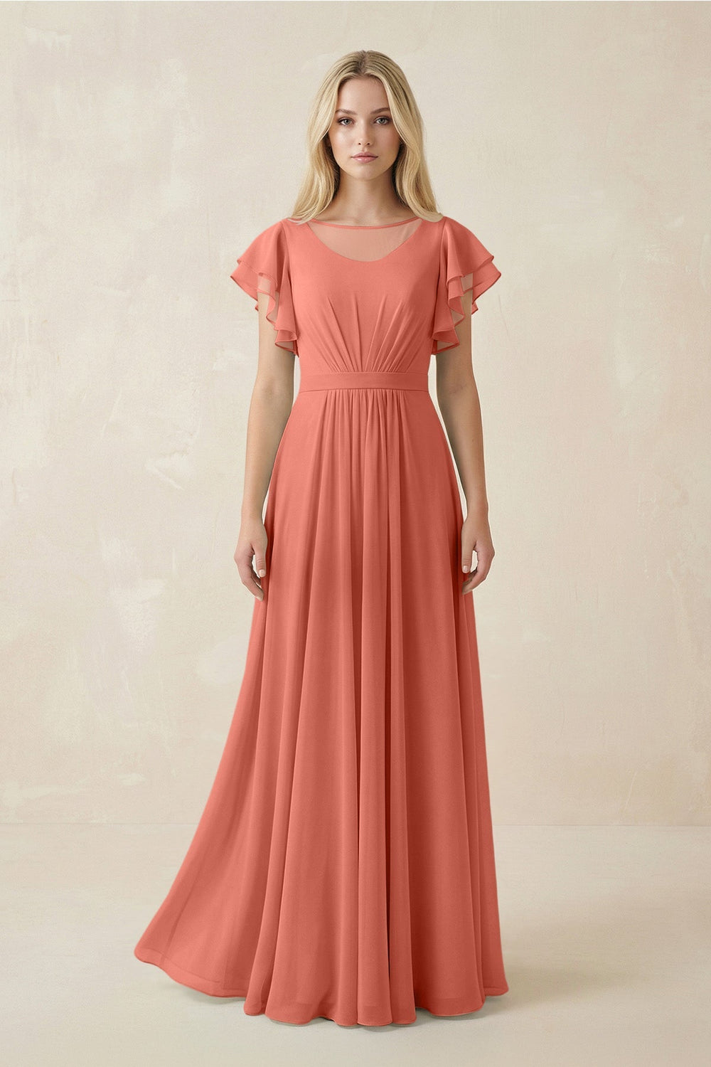 Cap Sleeve Ruffled A - Line Chiffon Bridesmaid Dress in Wild Rose - SHE IS ME Bridesmaid Dresses