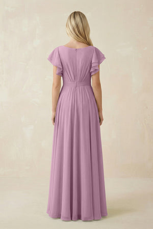 Cap Sleeve Ruffled A - Line Chiffon Bridesmaid Dress in Wisteria - SHE IS ME Bridesmaid Dresses