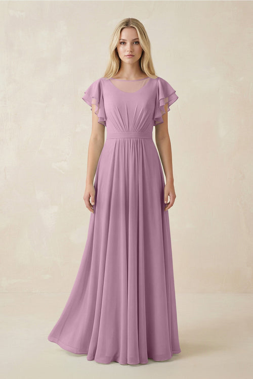Cap Sleeve Ruffled A - Line Chiffon Bridesmaid Dress in Wisteria - SHE IS ME Bridesmaid Dresses
