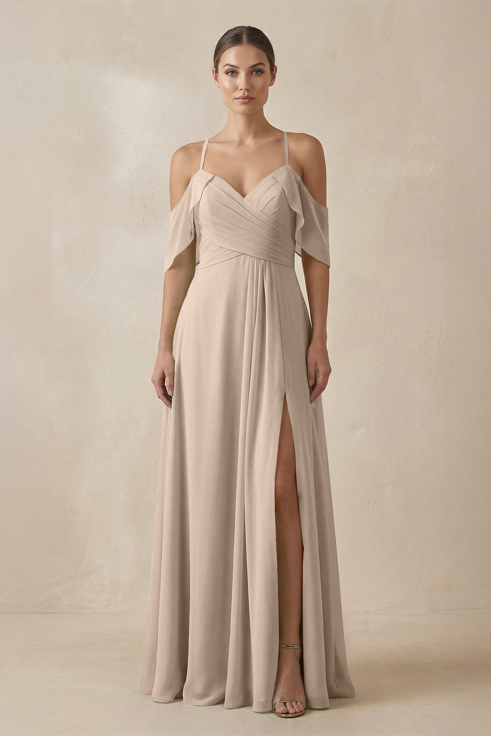Chiffon A - Line Long Bridesmaid Dress in Almond - SHE IS ME Bridesmaid Dresses