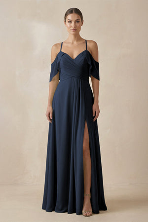 Chiffon A - Line Long Bridesmaid Dress in Dark Navy - SHE IS ME Bridesmaid Dresses