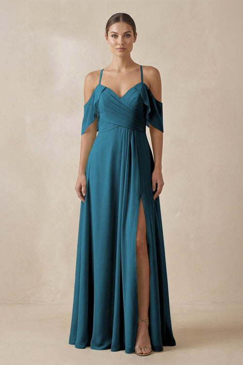 Chiffon A - Line Long Bridesmaid Dress in Dark Teal - SHE IS ME Bridesmaid Dresses