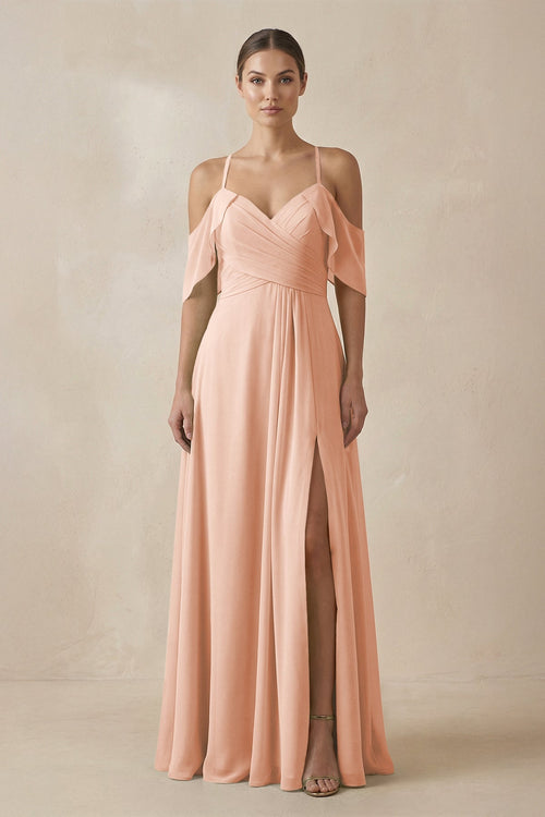 Chiffon A - Line Long Bridesmaid Dress in English Rose - SHE IS ME Bridesmaid Dresses