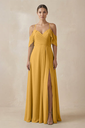 Chiffon A - Line Long Bridesmaid Dress in Marigold - SHE IS ME Bridesmaid Dresses