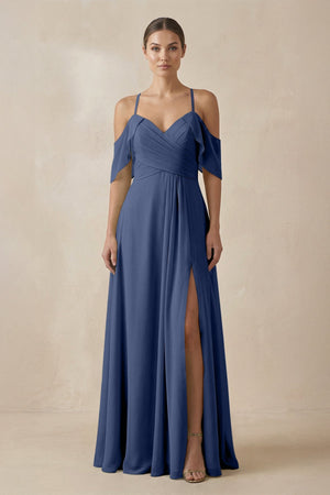 Chiffon A - Line Long Bridesmaid Dress in Navy - SHE IS ME Bridesmaid Dresses