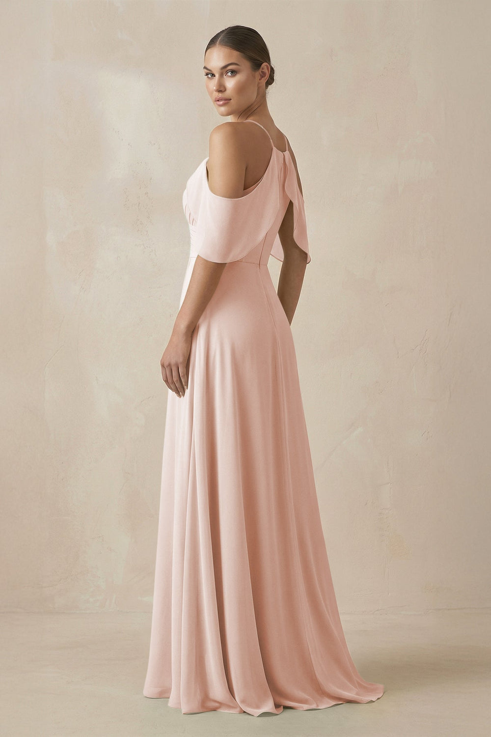 Chiffon A - Line Long Bridesmaid Dress in Pale Blush - SHE IS ME Bridesmaid Dresses