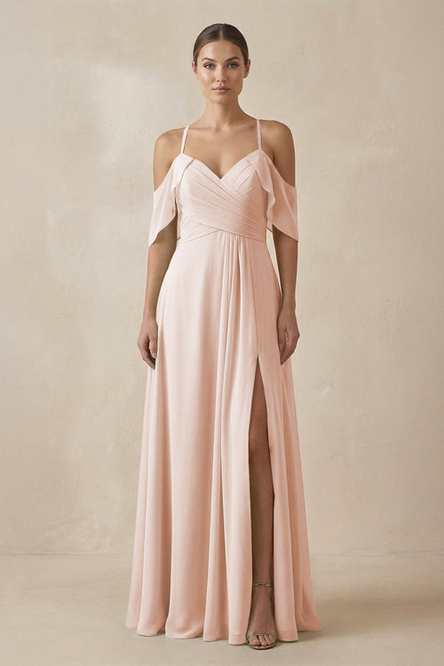 Chiffon A - Line Long Bridesmaid Dress in Pale Blush - SHE IS ME Bridesmaid Dresses