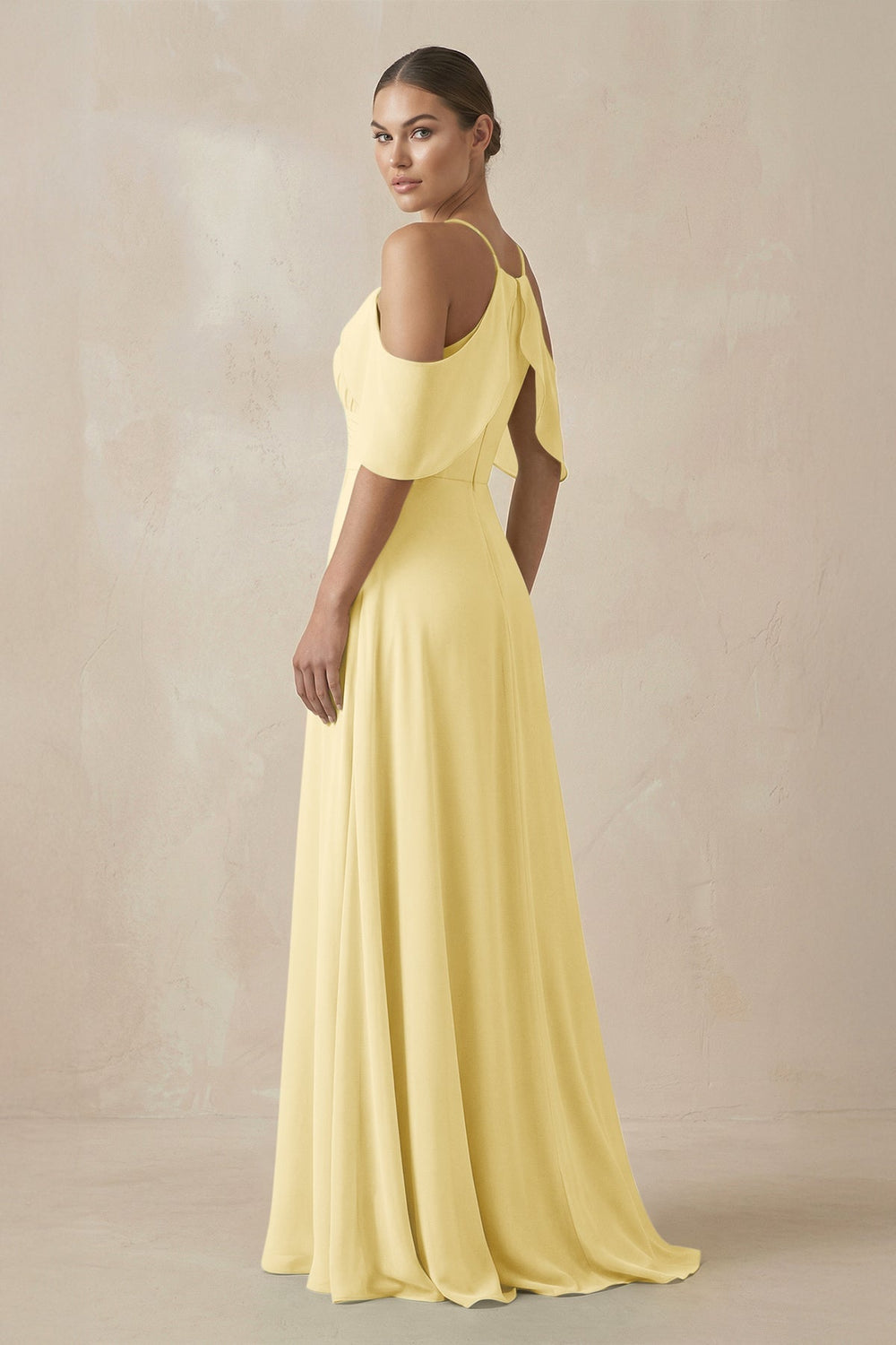 Chiffon A - Line Long Bridesmaid Dress in Pastel Yellow - SHE IS ME Bridesmaid Dresses