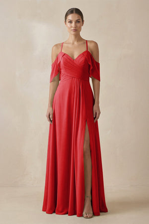 Chiffon A - Line Long Bridesmaid Dress in Ruby Red - SHE IS ME Bridesmaid Dresses
