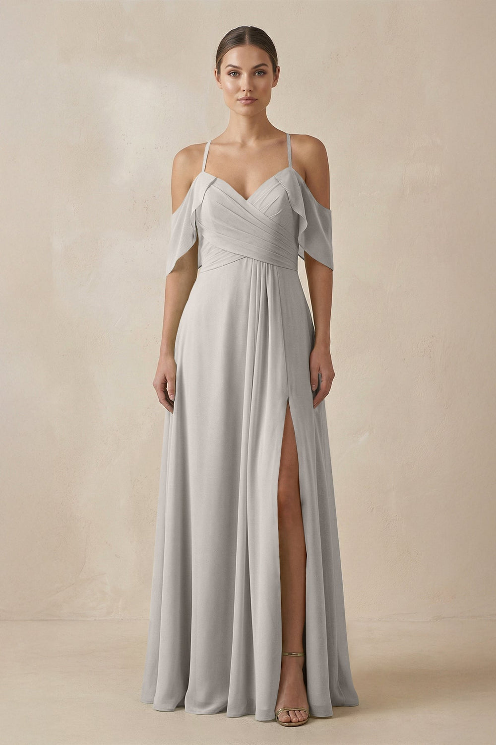 Chiffon A - Line Long Bridesmaid Dress in Silver - SHE IS ME Bridesmaid Dresses