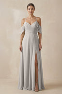 Chiffon A - Line Long Bridesmaid Dress in Silver - SHE IS ME Bridesmaid Dresses