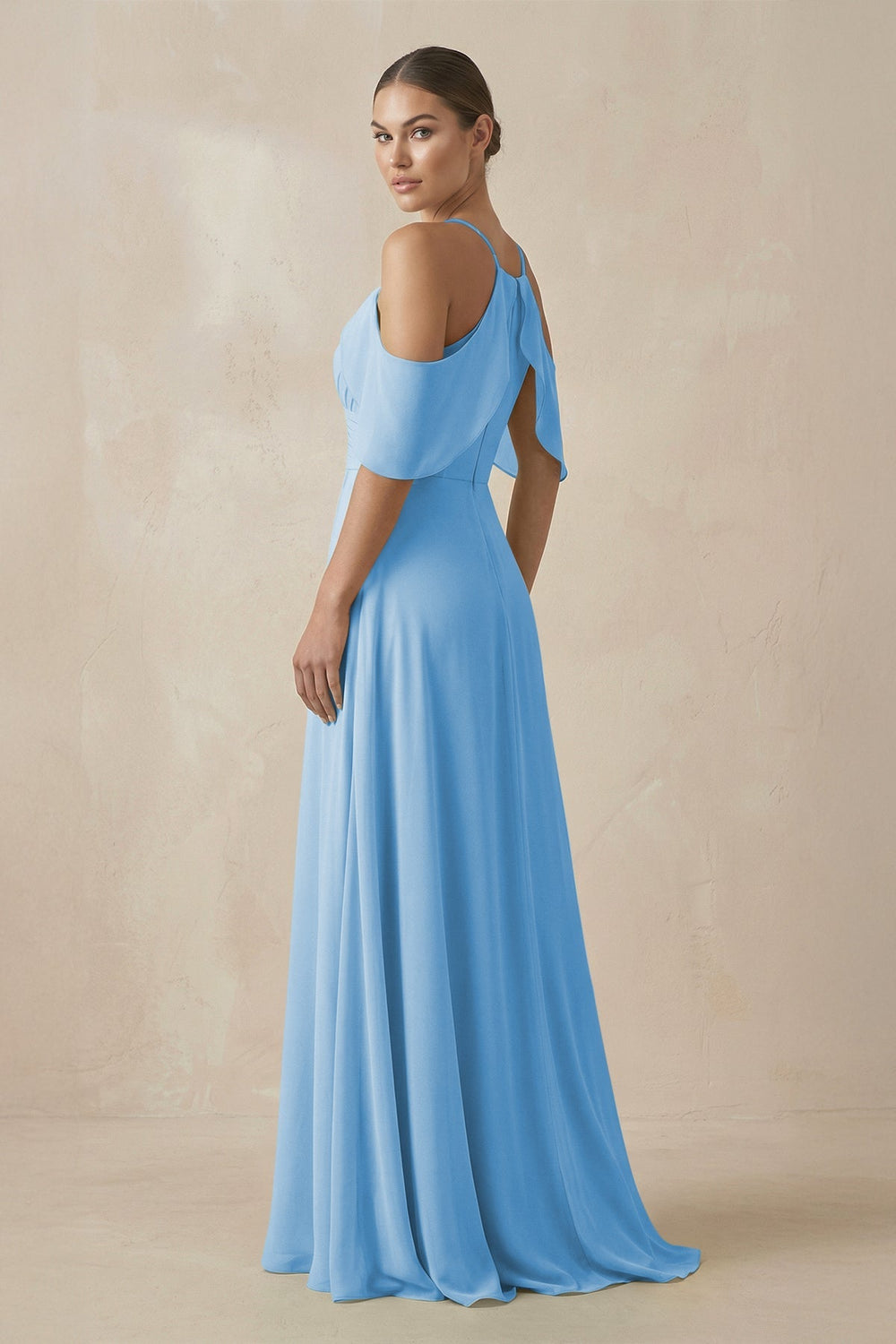 Chiffon A - Line Long Bridesmaid Dress in Steel Blue - SHE IS ME Bridesmaid Dresses