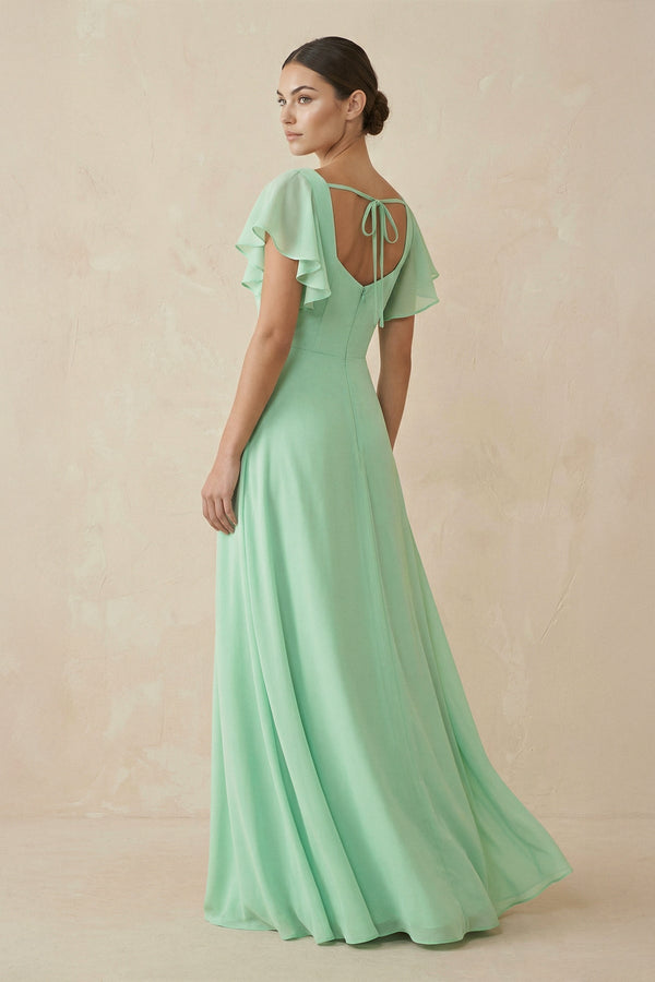 Chiffon A-Line Long Bridesmaid Dress with Flutter Sleeves in Pale Pistachio - SHE IS ME BRIDESMAID DRESSES