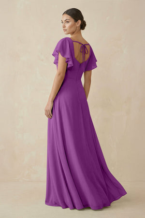 Chiffon A - Line Long Bridesmaid Dress with Flutter Sleeves in Amethyst - SHE IS ME Bridesmaid Dresses