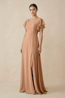 Chiffon A - Line Long Bridesmaid Dress with Flutter Sleeves in Bronzer - SHE IS ME Bridesmaid Dresses