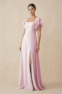 Chiffon A - Line Long Bridesmaid Dress with Flutter Sleeves in Candy Pink - SHE IS ME Bridesmaid Dresses