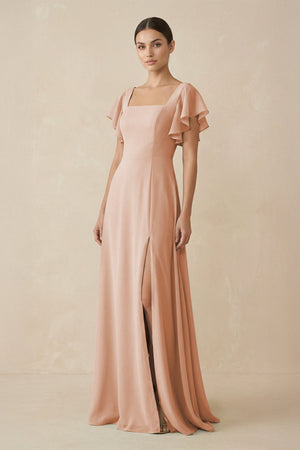 Chiffon A - Line Long Bridesmaid Dress with Flutter Sleeves in Champagne Rose - SHE IS ME Bridesmaid Dresses
