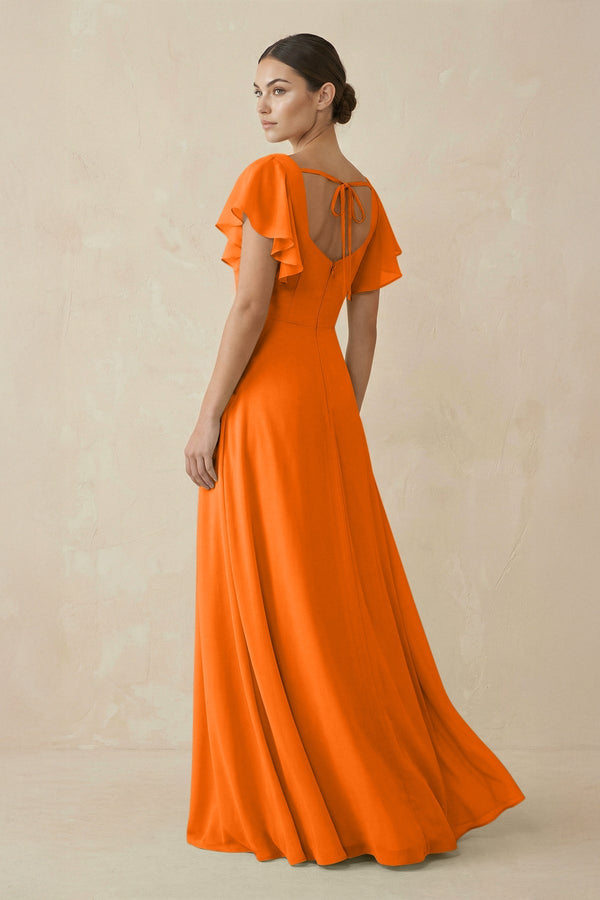 Chiffon A - Line Long Bridesmaid Dress with Flutter Sleeves in Cinnamon - SHE IS ME Bridesmaid Dresses