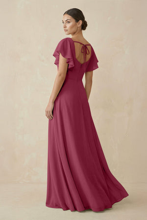Chiffon A - Line Long Bridesmaid Dress with Flutter Sleeves in Desert Rose - SHE IS ME Bridesmaid Dresses