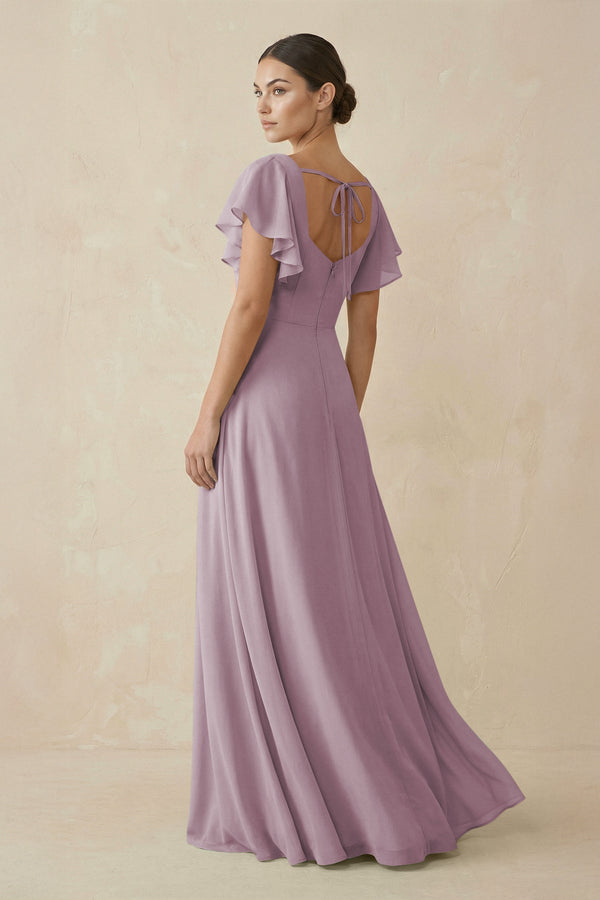 Chiffon A - Line Long Bridesmaid Dress with Flutter Sleeves in Dusk - SHE IS ME Bridesmaid Dresses
