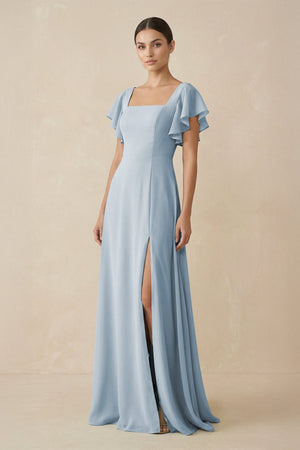 Chiffon A - Line Long Bridesmaid Dress with Flutter Sleeves in Dusty Blue - SHE IS ME Bridesmaid Dresses