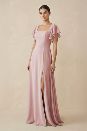Chiffon A - Line Long Bridesmaid Dress with Flutter Sleeves in Dusty Rose - SHE IS ME Bridesmaid Dresses