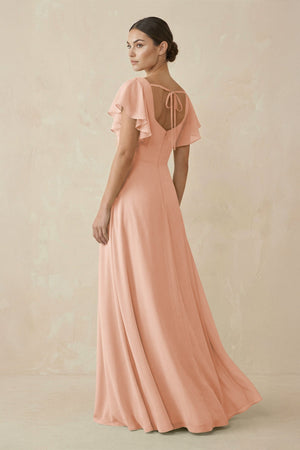 Chiffon A - Line Long Bridesmaid Dress with Flutter Sleeves in English Rose - SHE IS ME Bridesmaid Dresses
