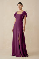 Chiffon A - Line Long Bridesmaid Dress with Flutter Sleeves in Fig - SHE IS ME Bridesmaid Dresses