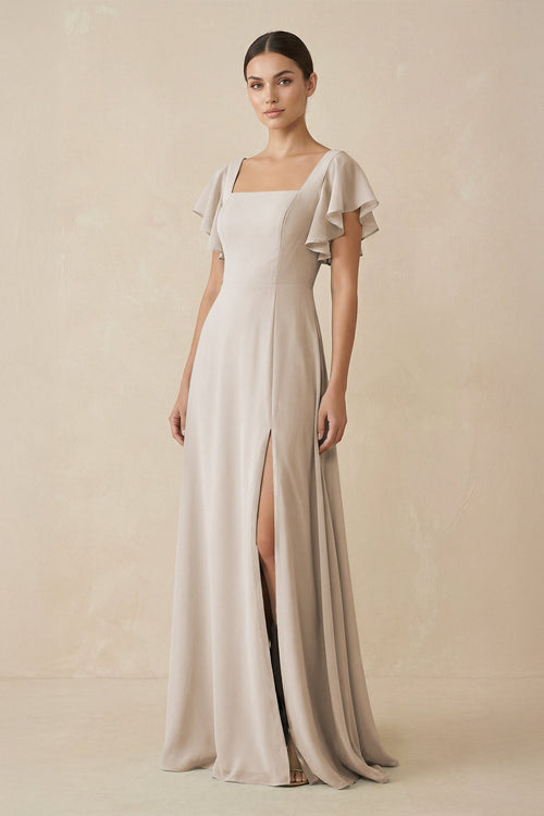 Chiffon A - Line Long Bridesmaid Dress with Flutter Sleeves in Frost - SHE IS ME Bridesmaid Dresses