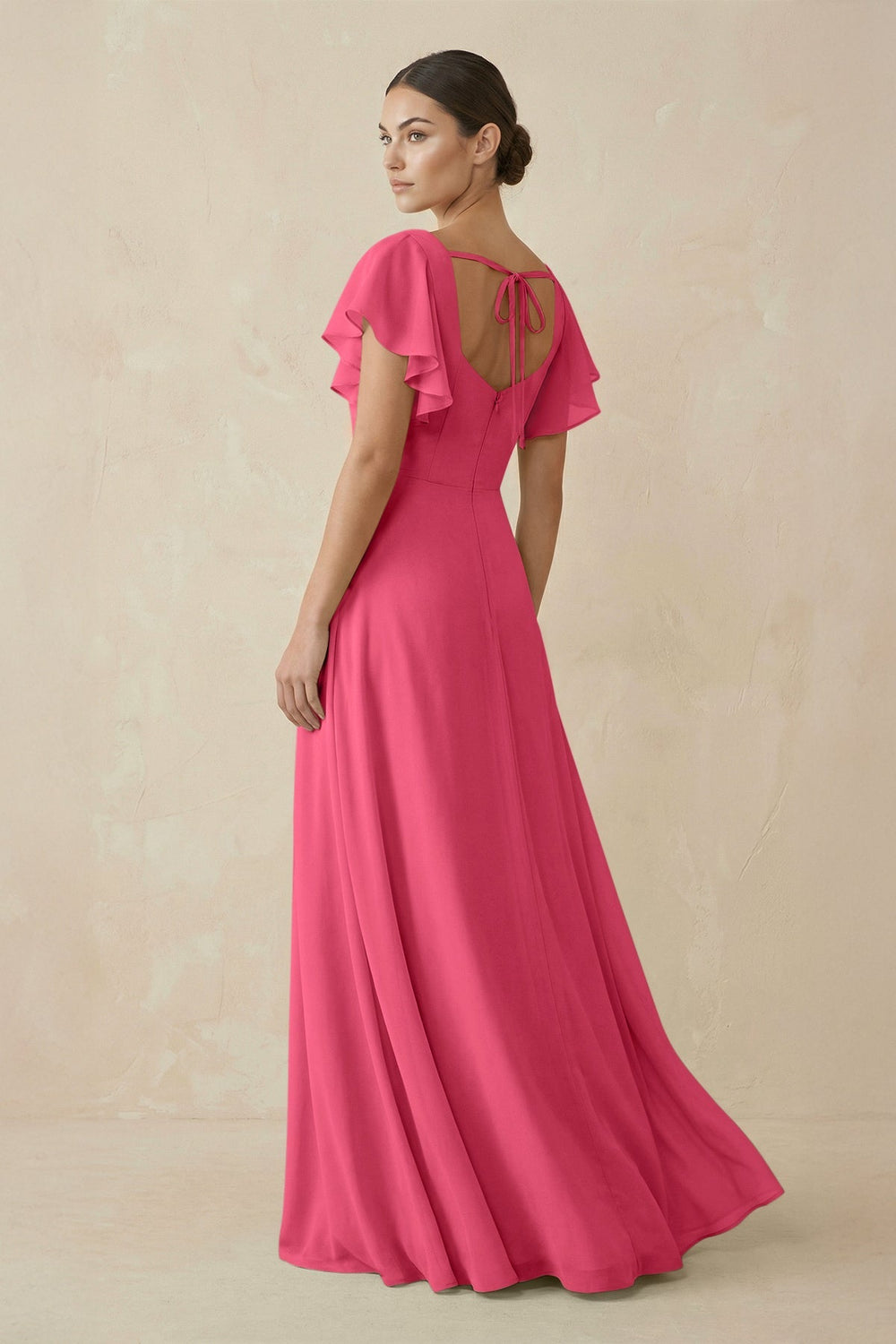 Chiffon A - Line Long Bridesmaid Dress with Flutter Sleeves in Fuchsia - SHE IS ME Bridesmaid Dresses