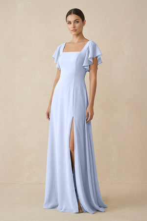 Chiffon A - Line Long Bridesmaid Dress with Flutter Sleeves in Ice - SHE IS ME Bridesmaid Dresses
