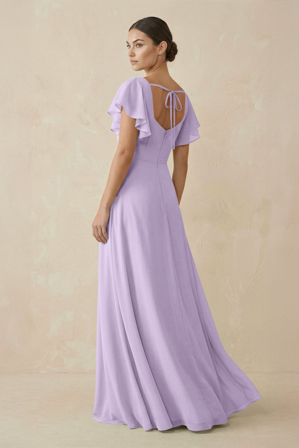 Chiffon A - Line Long Bridesmaid Dress with Flutter Sleeves in Lavender - SHE IS ME Bridesmaid Dresses