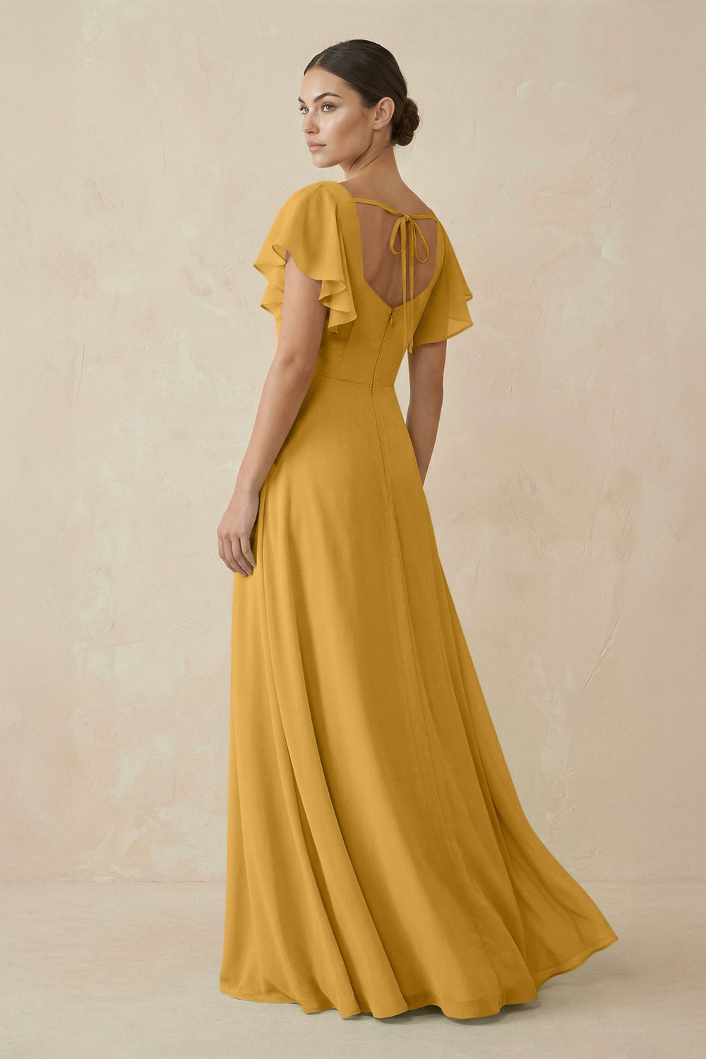 Chiffon A - Line Long Bridesmaid Dress with Flutter Sleeves in Marigold - SHE IS ME Bridesmaid Dresses