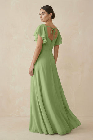 Chiffon A - Line Long Bridesmaid Dress with Flutter Sleeves in Matcha - SHE IS ME Bridesmaid Dresses
