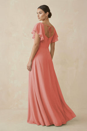 Chiffon A - Line Long Bridesmaid Dress with Flutter Sleeves in Mulberry - SHE IS ME Bridesmaid Dresses