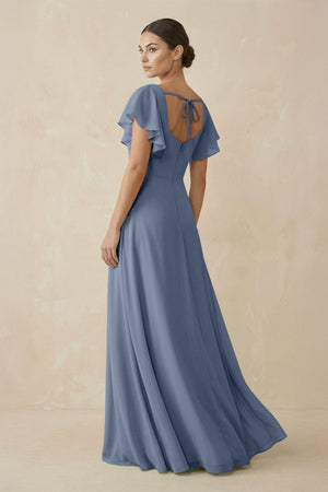 Chiffon A - Line Long Bridesmaid Dress with Flutter Sleeves in Neptune - SHE IS ME Bridesmaid Dresses