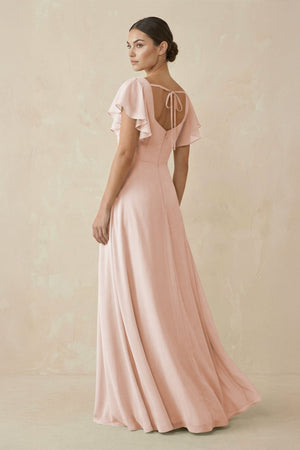 Chiffon A - Line Long Bridesmaid Dress with Flutter Sleeves in Pale Blush - SHE IS ME Bridesmaid Dresses