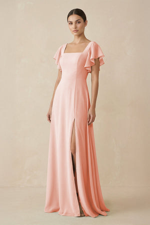 Chiffon A - Line Long Bridesmaid Dress with Flutter Sleeves in Rose Petal - SHE IS ME Bridesmaid Dresses