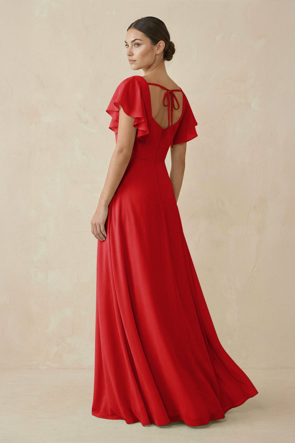 Chiffon A - Line Long Bridesmaid Dress with Flutter Sleeves in Ruby Red - SHE IS ME Bridesmaid Dresses
