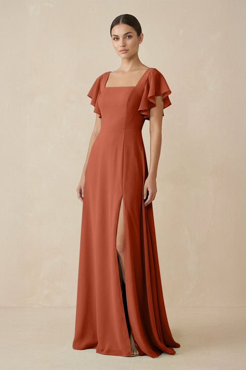 Chiffon A - Line Long Bridesmaid Dress with Flutter Sleeves in Spice - SHE IS ME Bridesmaid Dresses