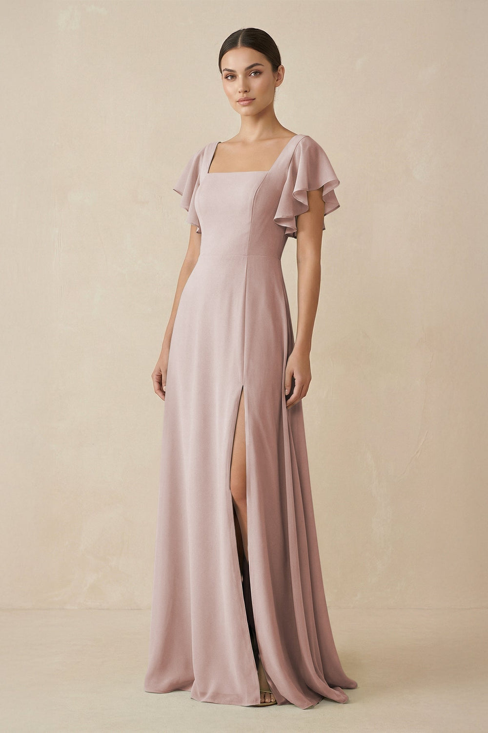 Chiffon A - Line Long Bridesmaid Dress with Flutter Sleeves in Toffee - SHE IS ME Bridesmaid Dresses