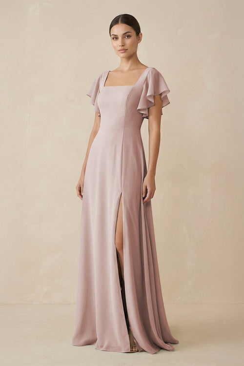 Chiffon A - Line Long Bridesmaid Dress with Flutter Sleeves in Toffee - SHE IS ME Bridesmaid Dresses