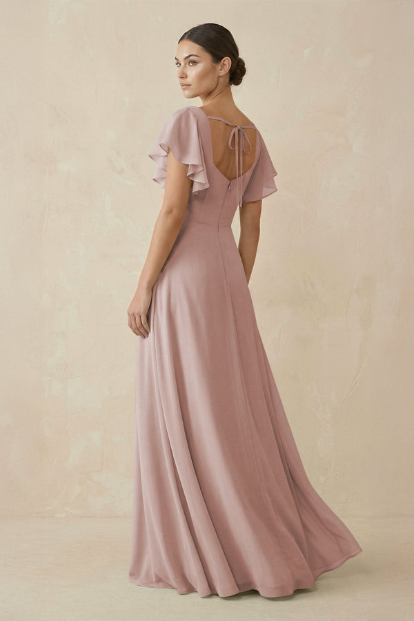 Chiffon A - Line Long Bridesmaid Dress with Flutter Sleeves in Toffee - SHE IS ME Bridesmaid Dresses
