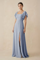Chiffon A - Line Long Bridesmaid Dress with Flutter Sleeves in Twilight - SHE IS ME Bridesmaid Dresses