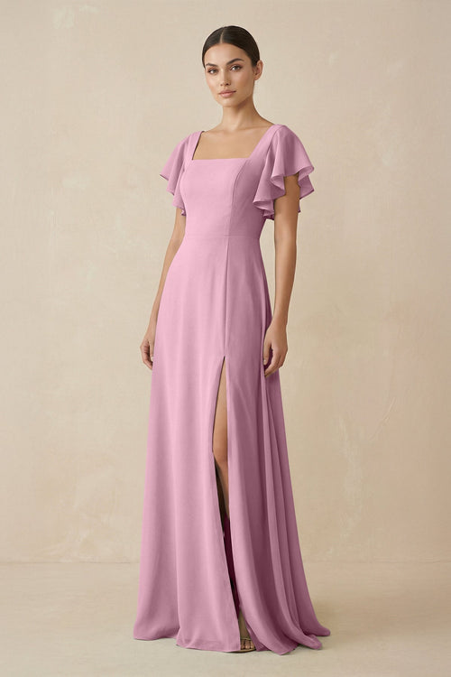 Chiffon A - Line Long Bridesmaid Dress with Flutter Sleeves in Vintage Mauve - SHE IS ME Bridesmaid Dresses