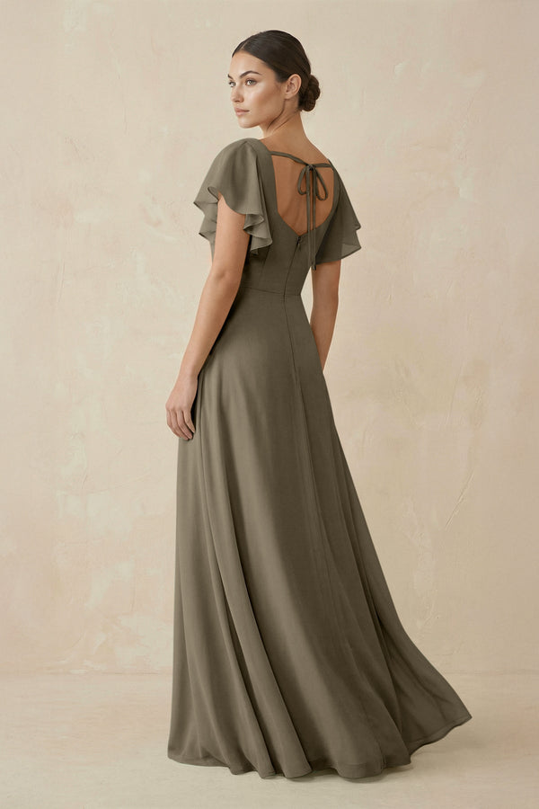 Chiffon A - Line Long Bridesmaid Dress with Flutter Sleeves in Willow Green - SHE IS ME Bridesmaid Dresses