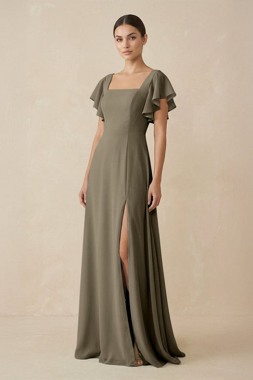 Chiffon A - Line Long Bridesmaid Dress with Flutter Sleeves in Willow Green - SHE IS ME Bridesmaid Dresses