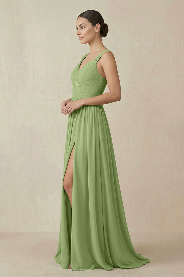 Chiffon A - Line Pleated Bridesmaid Dress in Matcha - SHE IS ME Bridesmaid Dresses